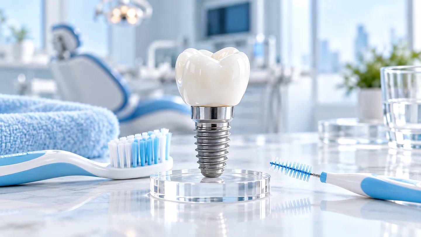 Implant teaching model beside a soft toothbrush and interdental brush