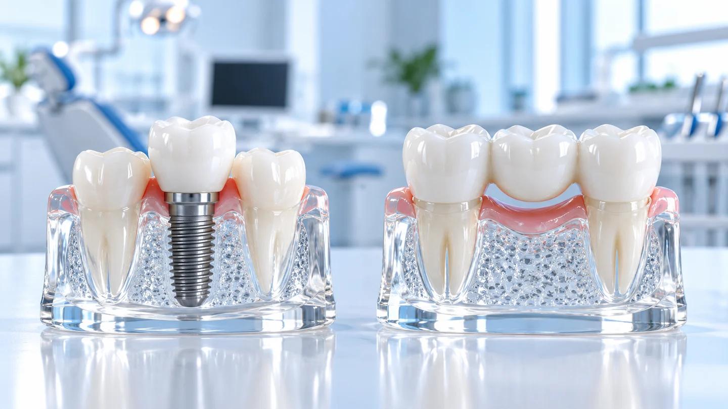 Single implant and dental bridge teaching models in a blue and white setting