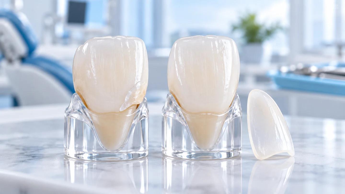 Front tooth models showing composite and a thin porcelain veneer shell