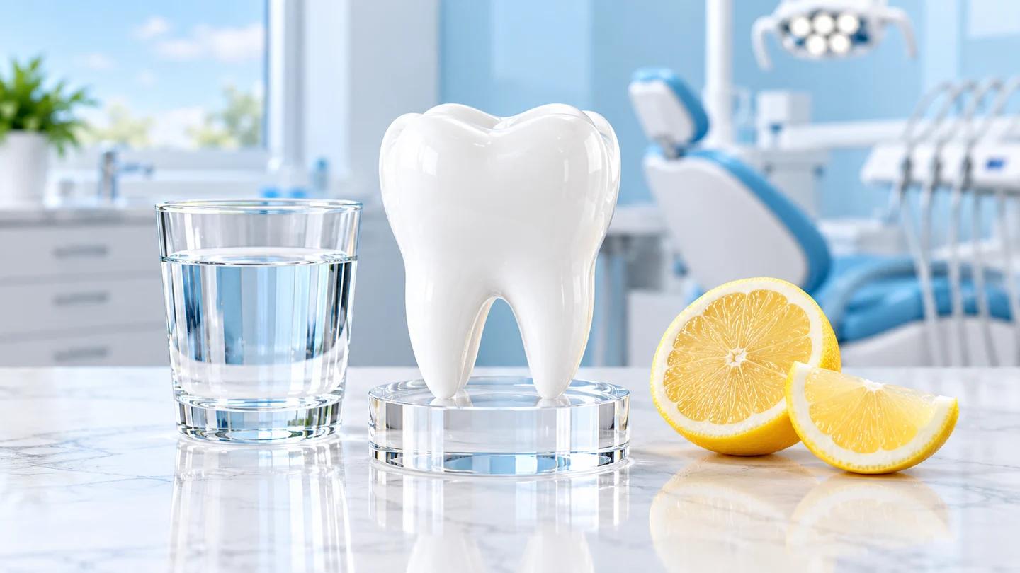 Tooth model with a glass of water and lemon slices kept separate