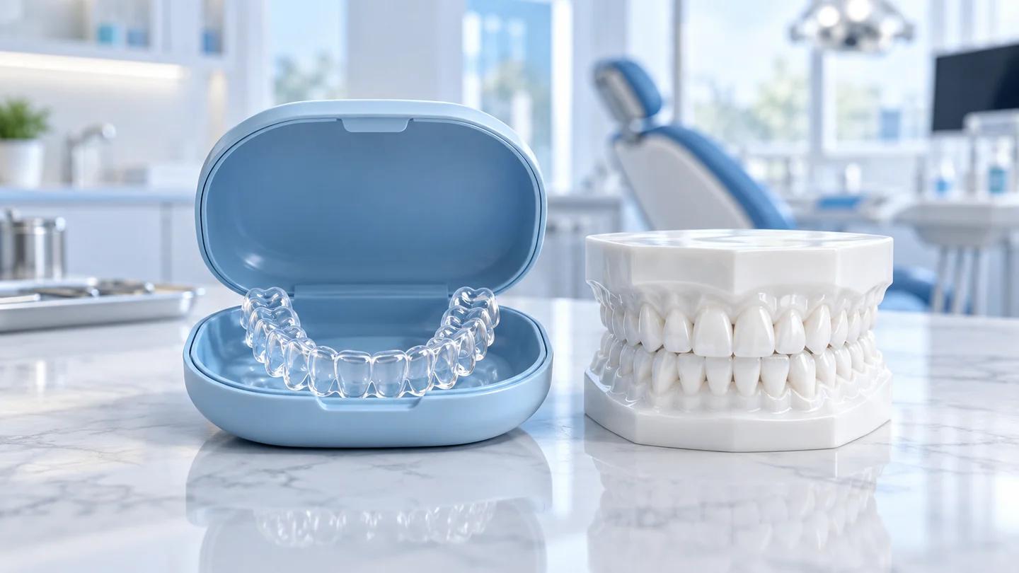 Clear retainer and storage case beside a straight dental arch model