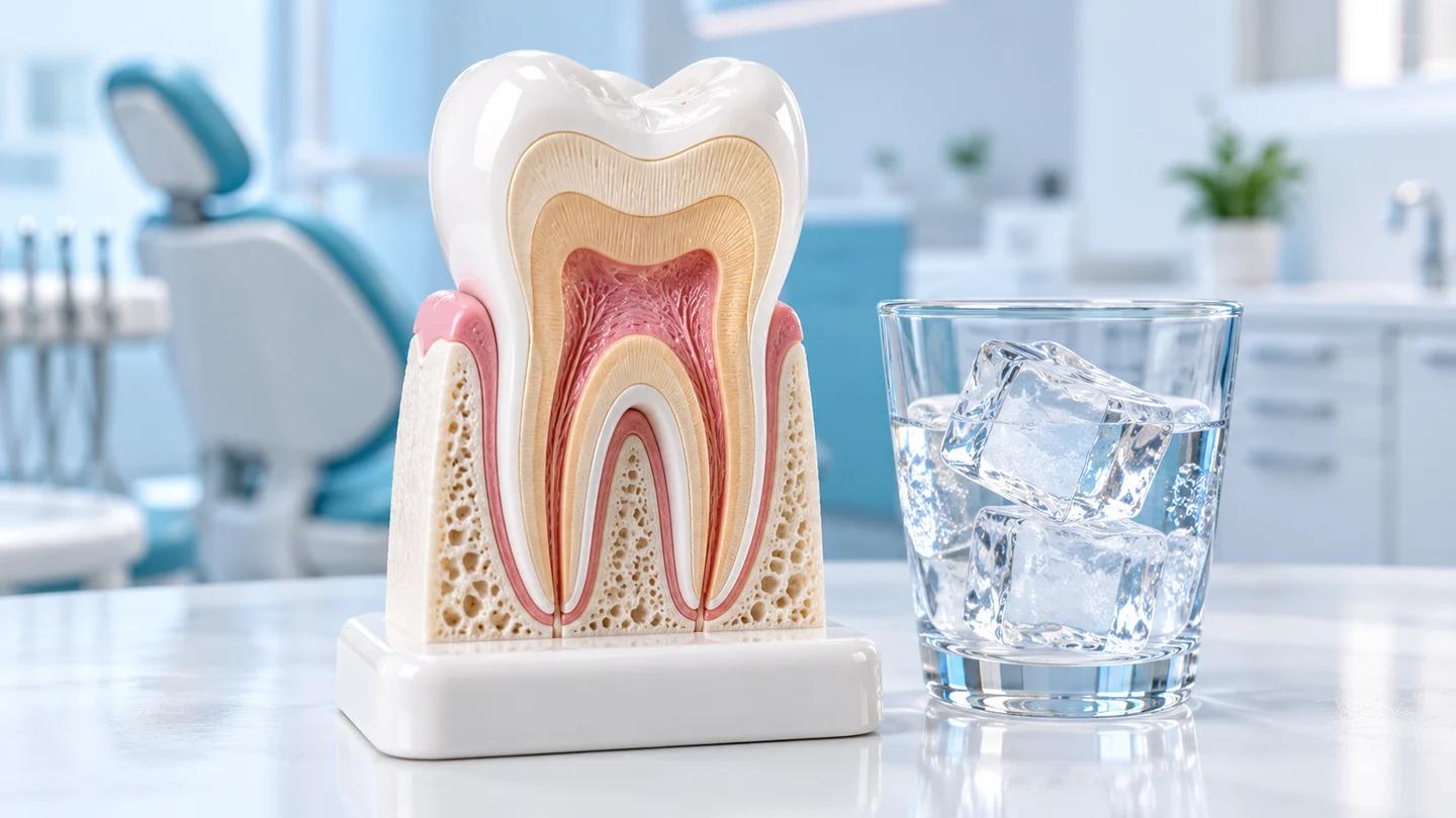 Tooth cutaway model with an ice cube in a separate glass