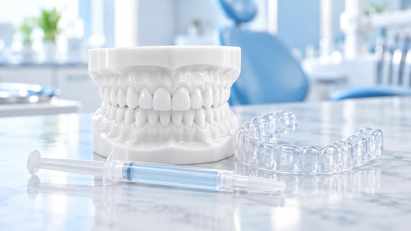 Dental arch model with a transparent whitening tray in a blue and white setting