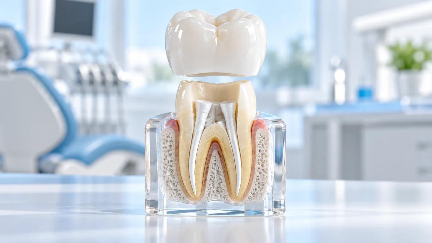 Root-treated tooth teaching model beside a ceramic crown