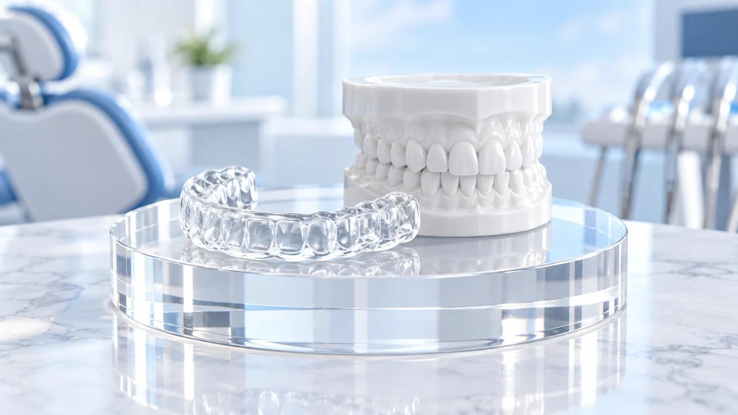 Clear night guard beside a dental arch model in a pale blue setting