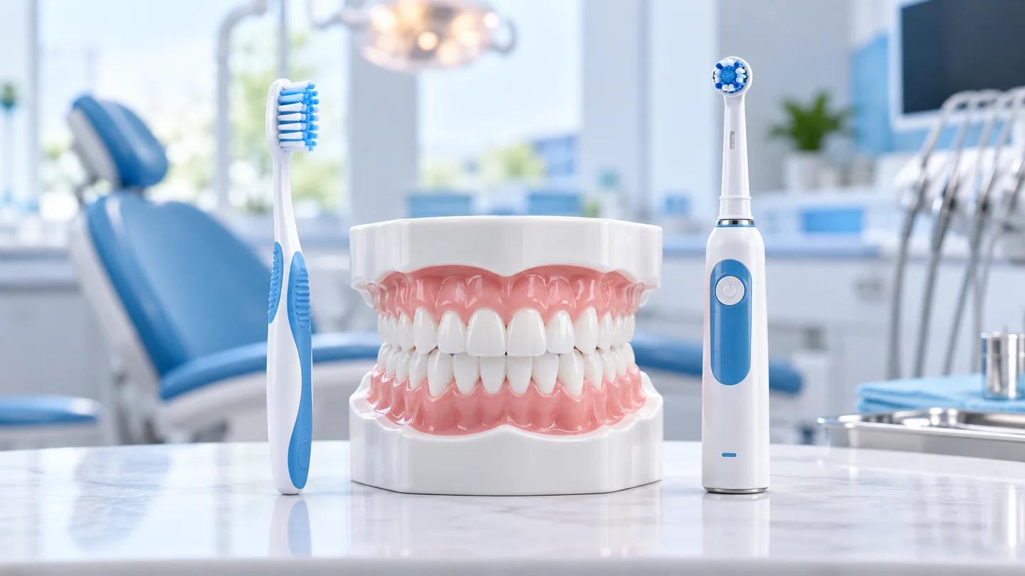 Electric and manual toothbrushes beside a dental model