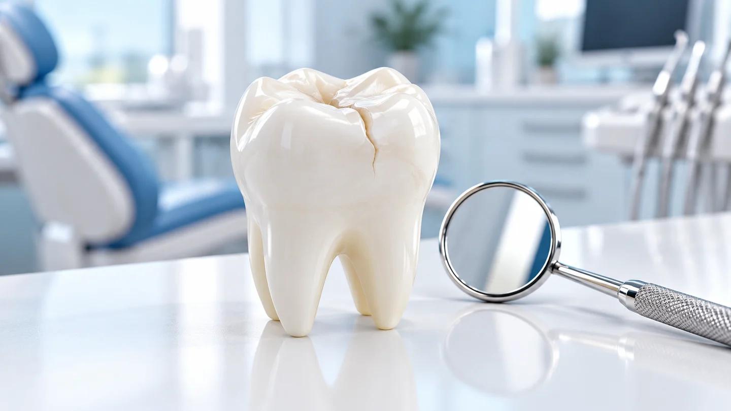 Molar model with a fine crack and a dental mirror