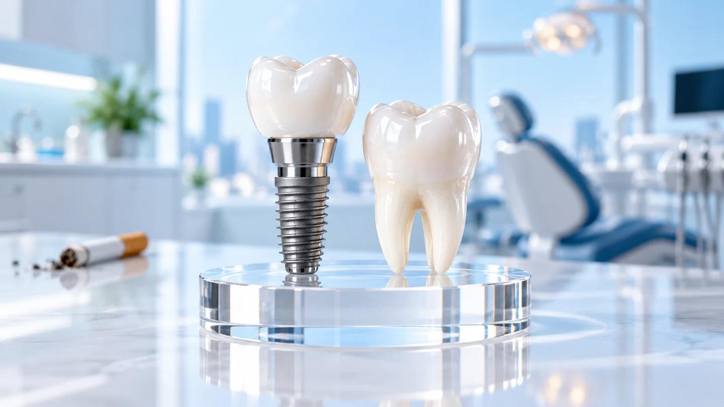 Implant model on a clear stand with an unlit cigarette out of focus