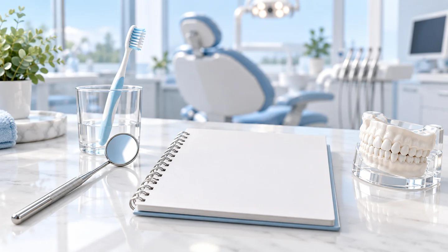 Dental examination tools beside a plain maternity-care notebook