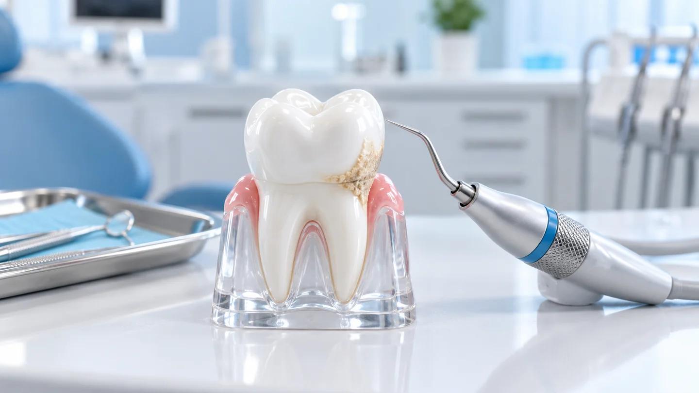 Tooth teaching model and an ultrasonic scaler in a clean dental setting