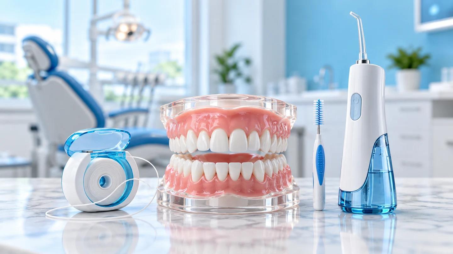 Floss, interdental brush and water flosser beside a dental model
