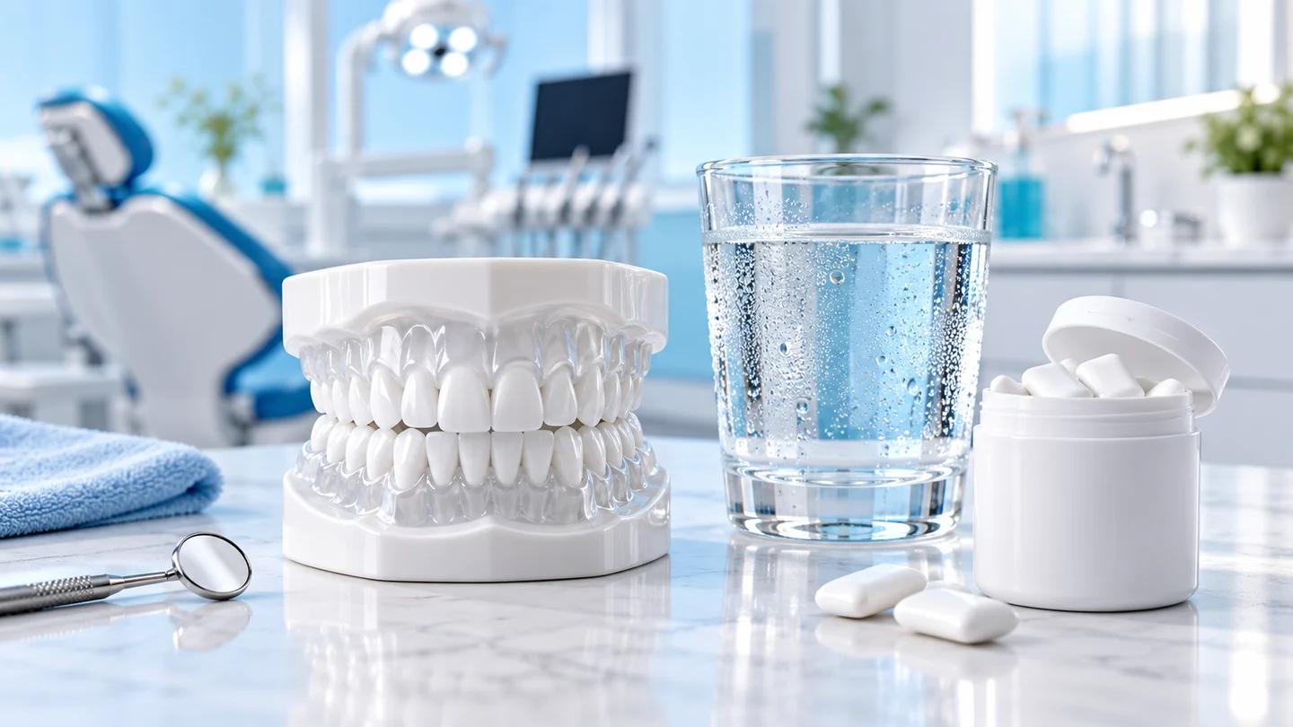 Dental model beside a clear glass of water and a plain gum container