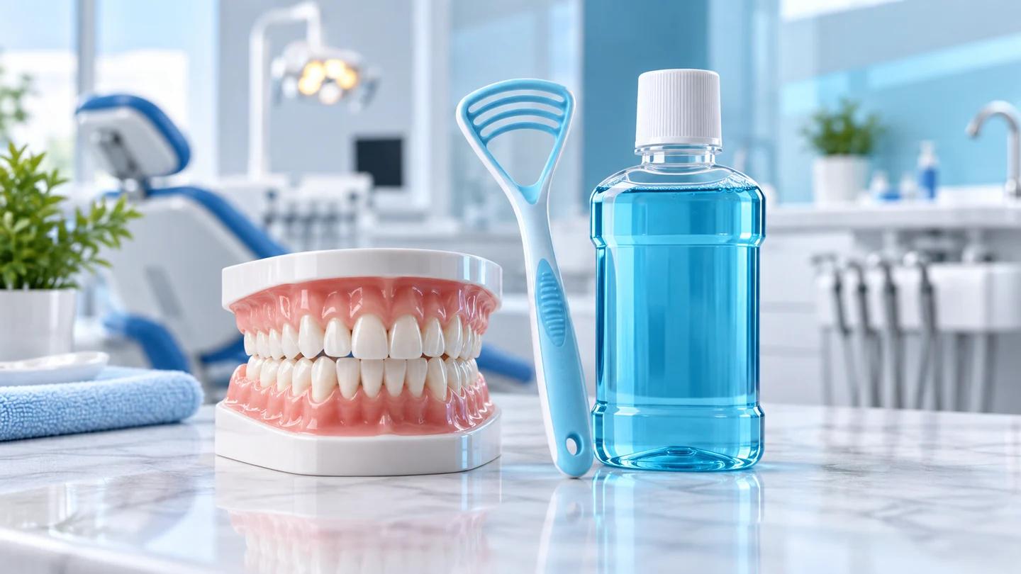 Dental model with a tongue cleaner and unbranded mouthwash bottle