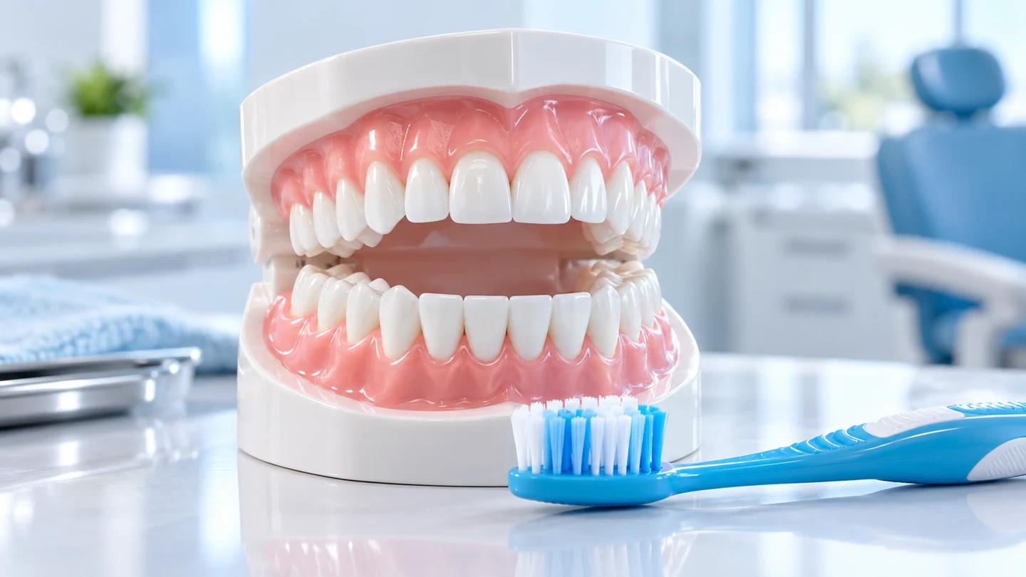 Teeth and gum teaching model beside a soft toothbrush